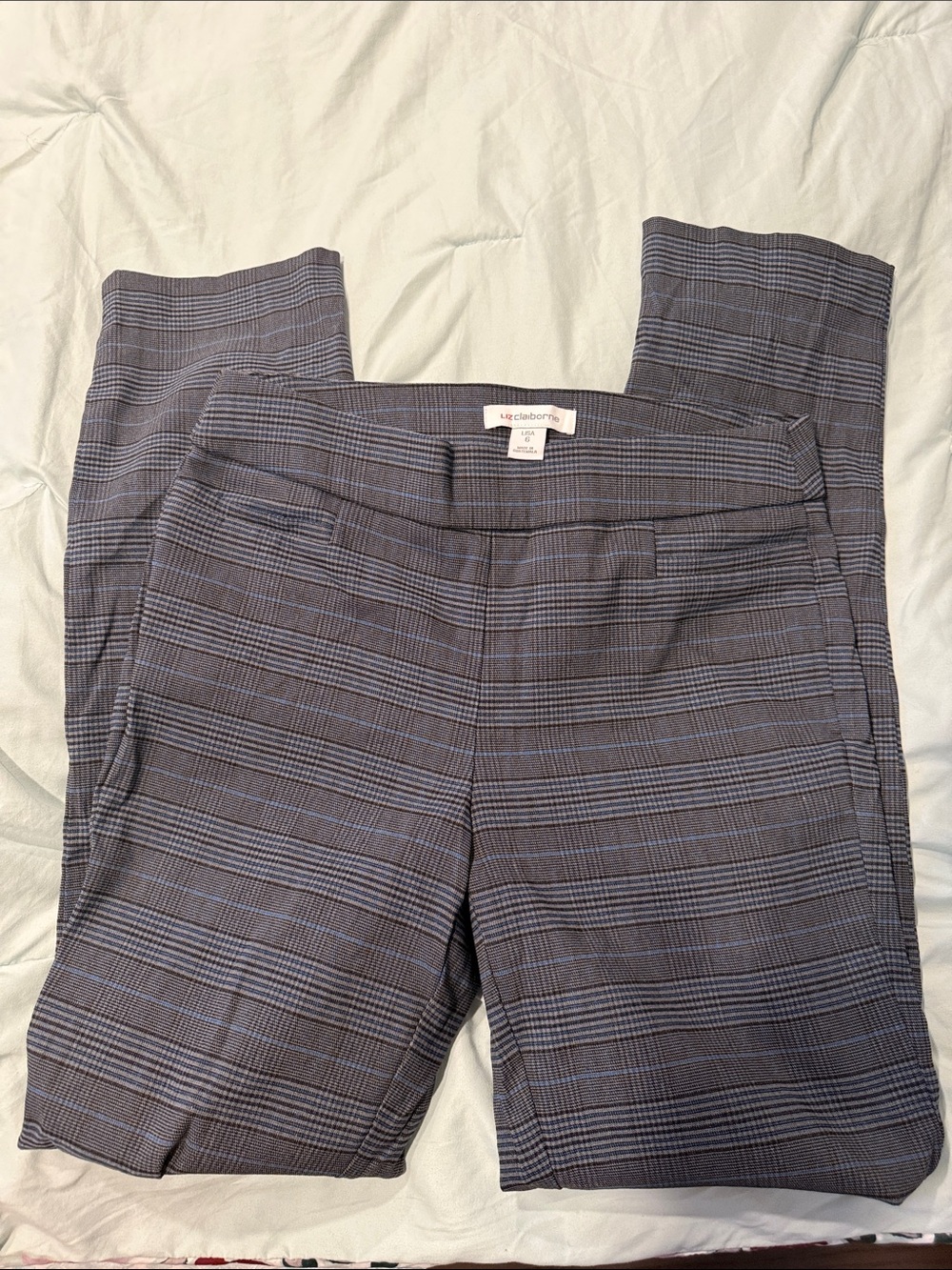 Liz Claiborne Gray and Blue Plaid Straight Trousers